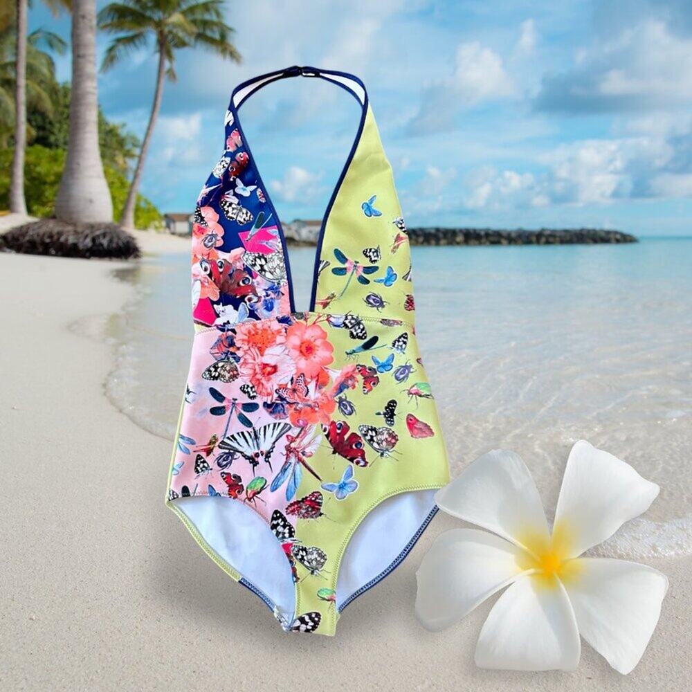 Clover Canyon Cascading Butterflies One-Piece Halter Style Swimsuit Size XS NWT